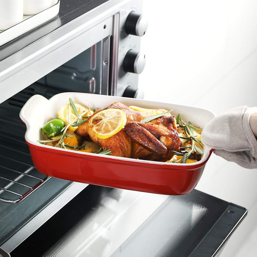Sweejar Baking Pans Set, Ceramic 9x13 Baking Dish with Handle, Rectangular Casserole Dishes for Oven, Bakeware Sets of 3, Durable Lasagna Pan Deep for Kitchen, Banquet, Wedding Gift(Red)