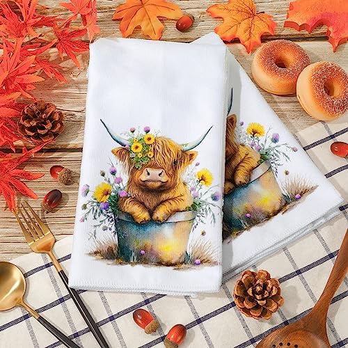 Highland Cow Kitchen Dish Towel 18 x 28 Inch Rustic Farmhouse Dishcloth Seasonal Cute Cow Decorative Hand Tea Towel for Kitchen Home Cooking Baking Cleaning, 2Pcs