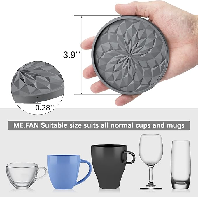 ME.FAN Silicone Coasters with Holder,[6 Pack] Drinking Coasters - Cup Mat for Hot or Cold Drinks, Thickened, Non-Slip, Non-stick,Deep Tray Light Grey