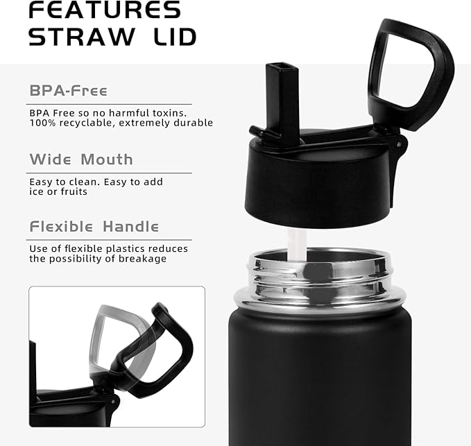 Volhoply 14oz KIds Water Bottle with Straw Lid and Silicone Boot Bulk 2 Pack,Stainless Steel Insulated Cups for Boys & Girls Multipack,Double Wall Vacuum Leakproof Bottles(black,2)