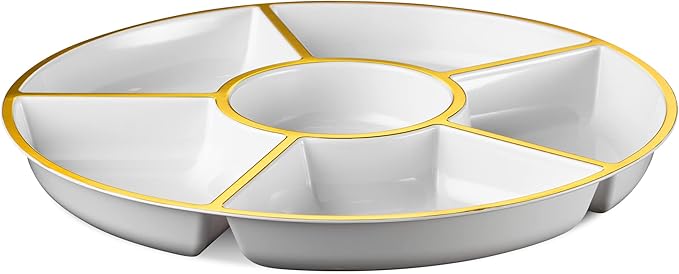 Plasticpro 6 Sectional Round Plastic Serving Tray/Platter (4, White & Gold)