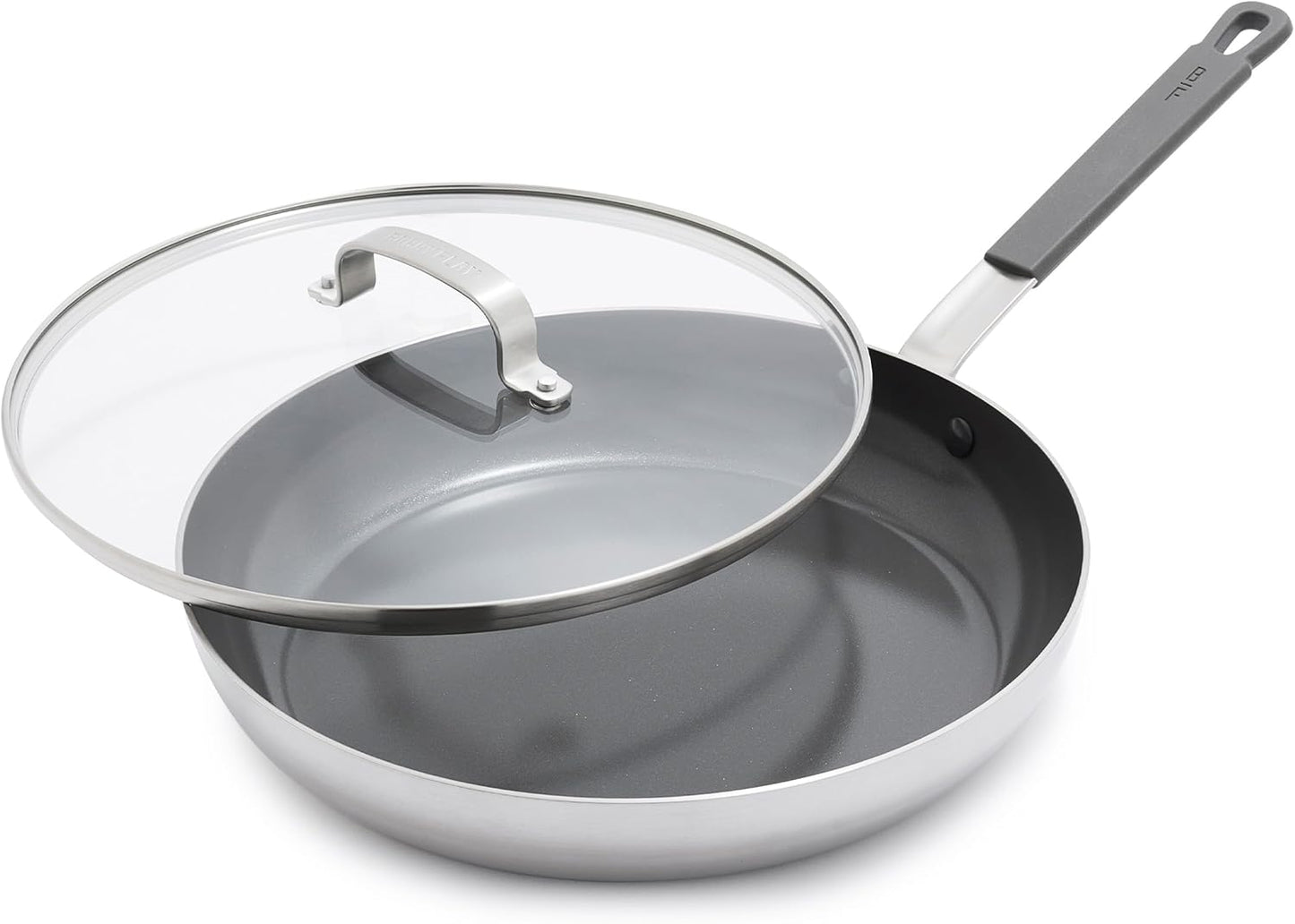 GreenPan x Bobby Flay Stainless Steel 12” Frying Pan Skillet & Glass Lid, Professional Grade Tri-Ply, Multiclad, PFAS-Free Ceramic Nonstick, Induction Suitable, Dishwasher & Oven Safe,Stay Cool Handle