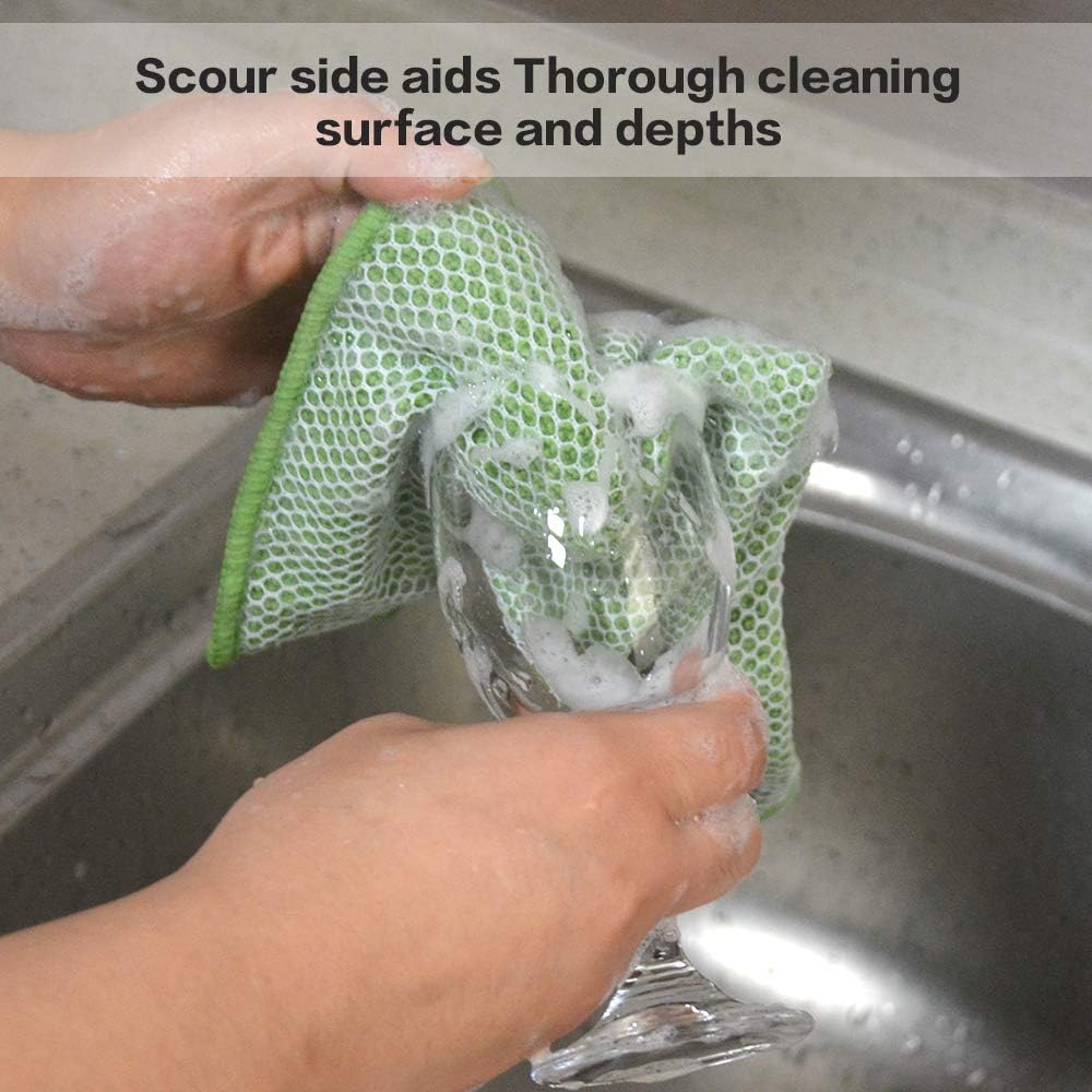 SINLAND 5 Color Assorted Microfiber Dish Cloth Towels Best Kitchen Cloths Cleaning Cloths with Poly Scour Side 12"x12" 5Pack (Pink+Blue+White+Yellow+Green)