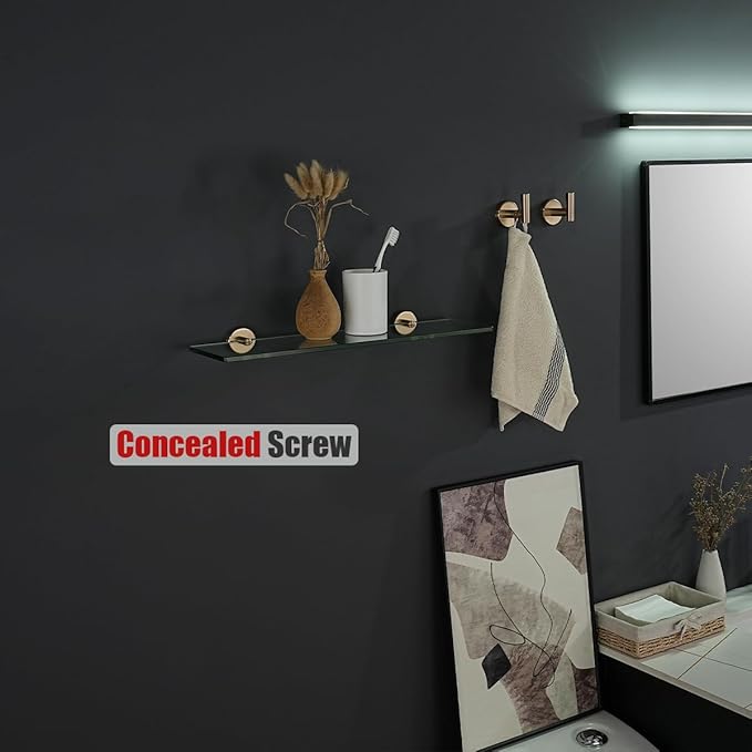 JQK Bathroom Glass Shelf, Tempered Glass Shower Storage 20 by 5 inches, 304 Stainless Steel Champagne Bronze Wall Mount, TGS101L20-CB