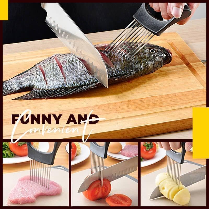 Onion Slice Holder, 2024 New Stainless Steel Holder for Slicing, Chopper Assistant Tool, Cutter for Meat, Onion, Potato, Tomato - Kitchen Gadgets (Black, 1 Pack)