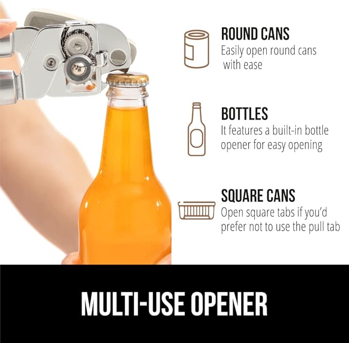 GORILLA GRIP Heavy Duty Stainless Steel Smooth Edge Manual Can Opener and Bottle Openers, Soft Comfortable Handle, Oversized Handheld Turn Knob, US Designed Multifunctional Kitchen Tool, Almond