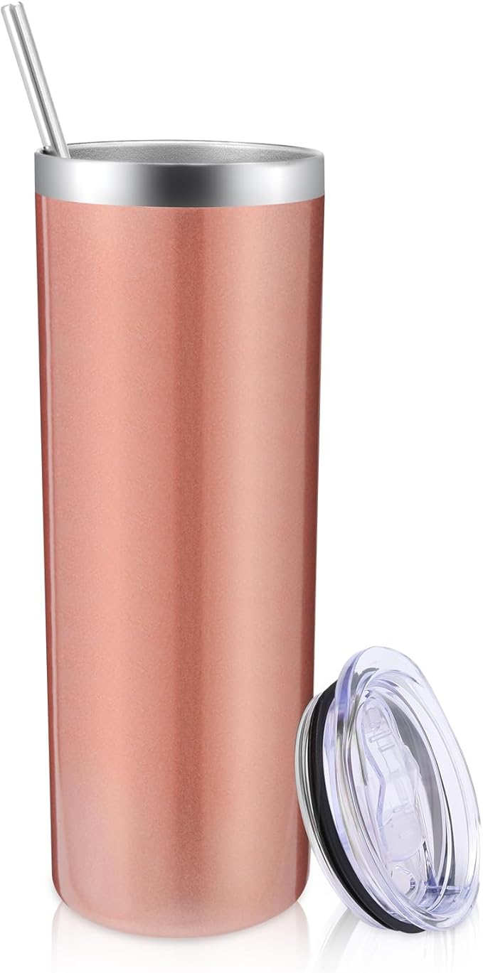 Volhoply 20 oz Skinny Tumbler with Lid and Straw, Stainless Steel Straight Tumblers Cup, Vacuum Insulated Coffee Mug for Home, Office, Travel, DIY (Rose Gold,1 Pack)