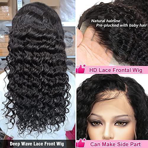 Wingirl 180 Density 13x4 HD Lace Front Wigs Human Hair Pre Plucked with Baby Hair Transparent Glueless Brazilian Deep Wave Frontal Wigs for Women Natural Black Color