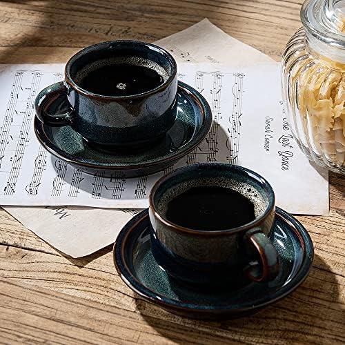 JIEMEI HOME Porcelain Stackable Espresso Cups with Saucers and Metal Stand, 4 Ounce Demitasse Cups for Specialty Coffee Drinks, Latte, Tea Set of 4, Stackable Espresso Mugs, Green & Blue