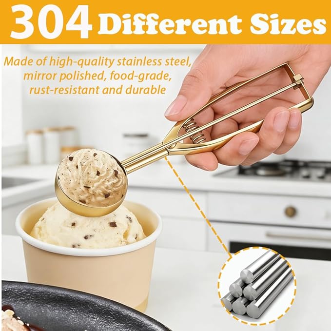 Stainless Steel Ice Cream Scoop Polished Melon Baller Scoop Metal Ice Cream Scoop with Trigger Cookie Scoop for Baking 3 sizes Fruit Spoons Kitchen (Rose Gold, S)