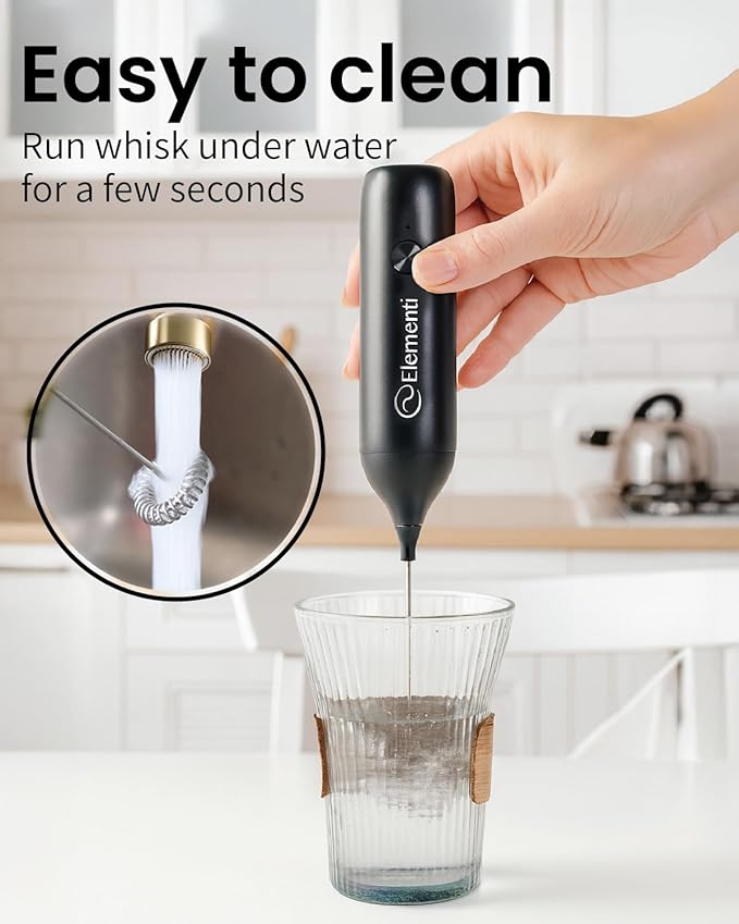 Elementi Pink Milk Frother Wand Rechargeable Drink Mixer - Powerful USB-C Rechargeable Frother & Coffee Stirrers Electric - Hand Held Whisk to Make Perfect Cappuccinos, Lattes & Drink Mixes at Home