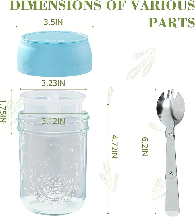 Miuyhji 6 Pack Overnight Oats Containers with Lids and Folding Spoons 16oz, Glass Mason Jars with Divided Compartments, Chia Pudding Jars for Oatmeal Meal Prep