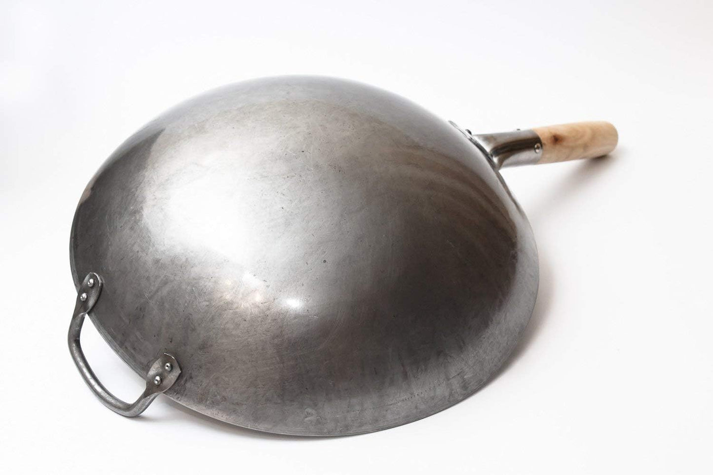 Craft Wok Traditional Hand Hammered Chinese Carbon Steel Wok with Wooden and Steel Helper Handle (14 Inch, Round Bottom Pow Wok Pan) / 731W88