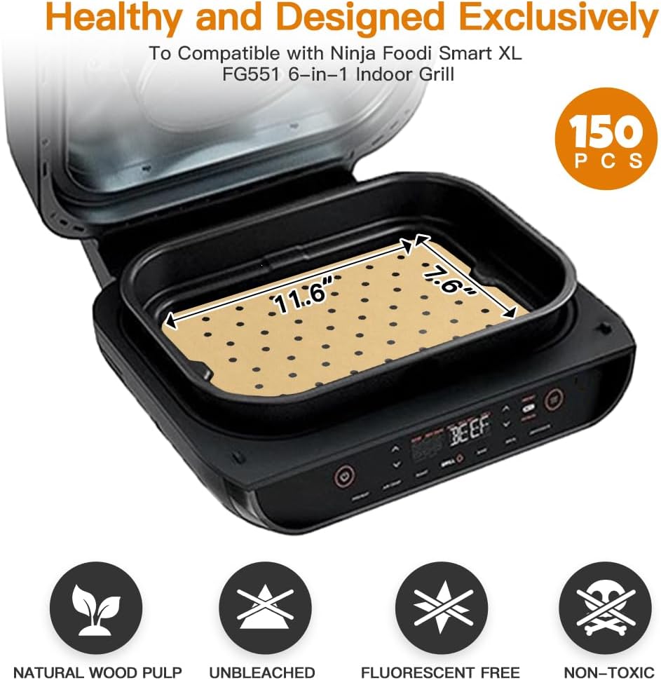 Air Fryer Liners Disposable for Ninja: 150pcs Air Fryer Parchment Paper Liners for Ninja Foodi Smart XL FG551 6-in-1 Indoor Grill Accessories Perforated Rectangle Airfryer Liner Sheets