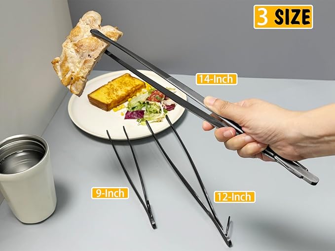 JETKONG 3 Pcs 9-Inch Serving Tweezer Tongs Kitchen Tweezers Stainless Steel Cooking Tweezers (9 9 9 Inch, Black)