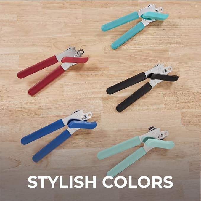 Kitchen Genie Heavy Duty Stainless Steel Manual Can Opener, Strong Blade for Smooth Edge Cuts, Open Cans Easily, Slip-Resistant Ergonomic Handle, Easy Turn Knob, Bottle Openers Included, Teal
