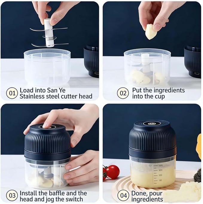 Household Electric Garlic Crusher, Electric Garlic Chopper, Mini Portable Veggie Chopper with 4/6 Stainless Steel Blades, Wireless Rechargeable Food Cutter for Garlic, Onion, Chili (Blue,320ML)