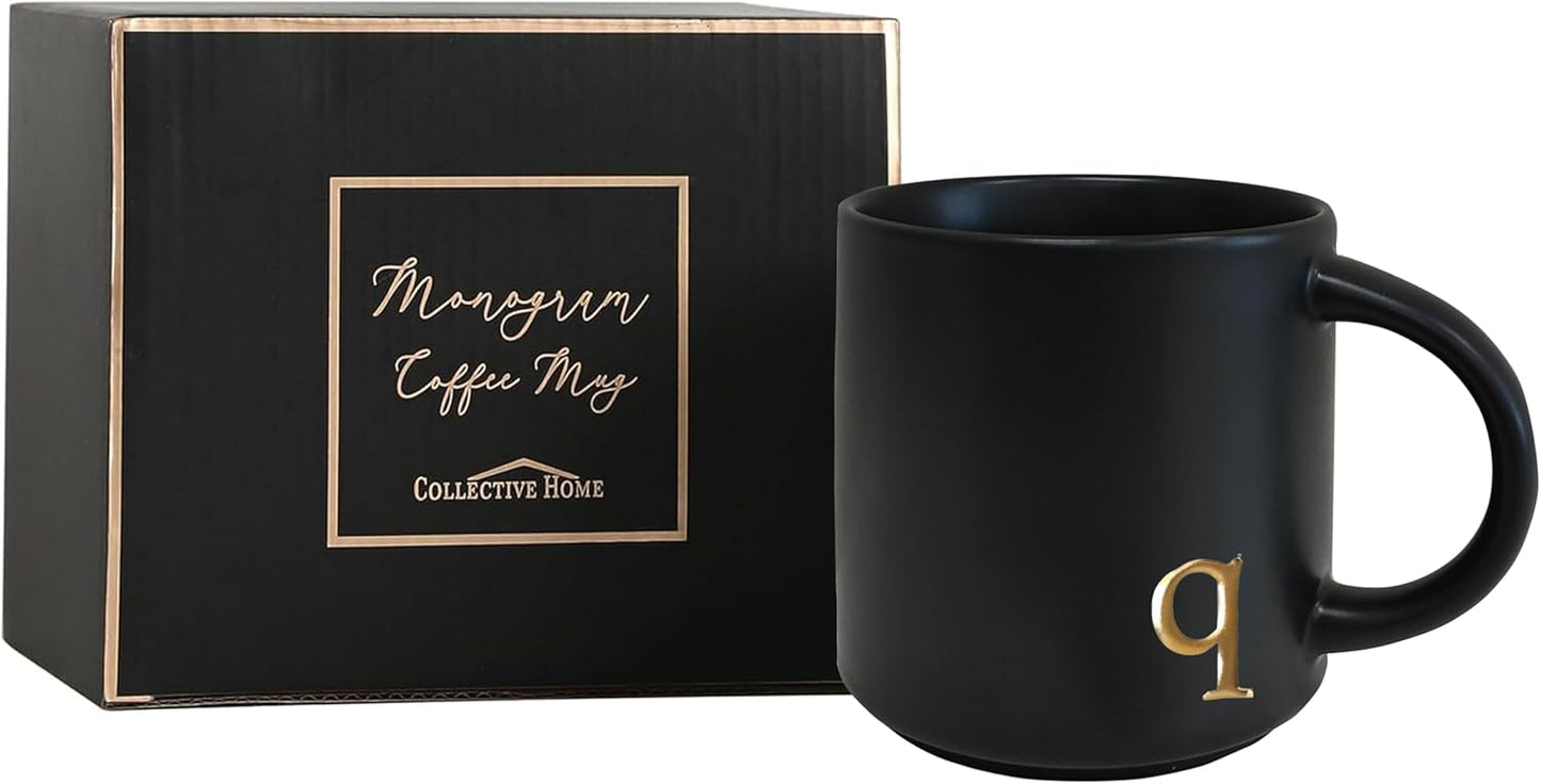 COLLECTIVE HOME - Black Monogram Ceramic Mugs, 15 oz Golden Initial Coffee Cups, Elegant Alphabet Tea Mugs, Personalized Halloween Mug with Gift Box, Perfect for Office and Home Décor (q)