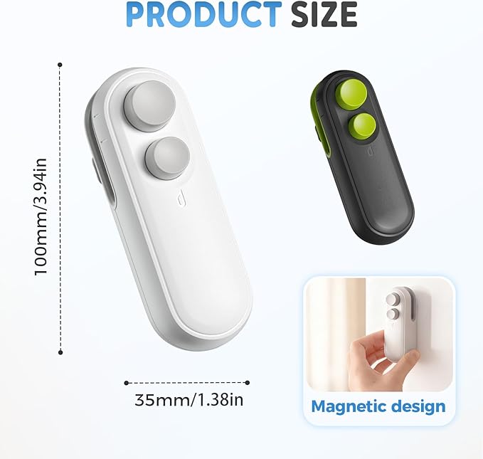 Mini Bag Sealer, Upgraded 2 in 1 Mini Bag Sealer with Cutter and Magnet, Magnetic Portable Plastic Bag Sealer for Snacks, Chips, Food Freshness Storage (1, White)