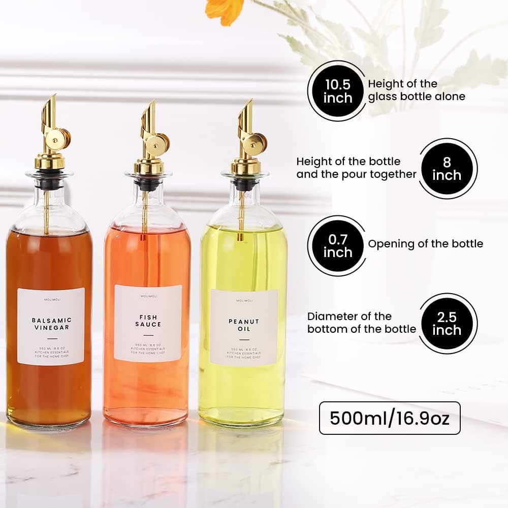 Molimoli Oil and Vinegar Dispenser with Metal Pour Spout, Weighted Pourer, Glass Bottle Dispenser for Kitchen, Olive Oil Cruet, Glass Olive Oil Bottle | 500ml, Set of 4
