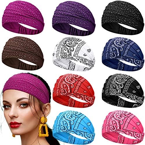 WILLBOND 10 Pcs Wide Bandana Headbands for Women Non Slip Paisley Crystal Hairband Elastic Boho Bling Rhinestone Head Wrap Stretchy Turban Bandana Hair Accessories for Sports Yoga Gym Workout