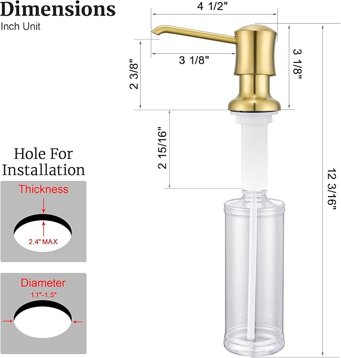 Brushed Gold Sink Soap Dispenser for Kitchen Sink (Gold Brushed),Dish & Hand Liquid Soap Dispenser，Built-in & Refill from Top Type