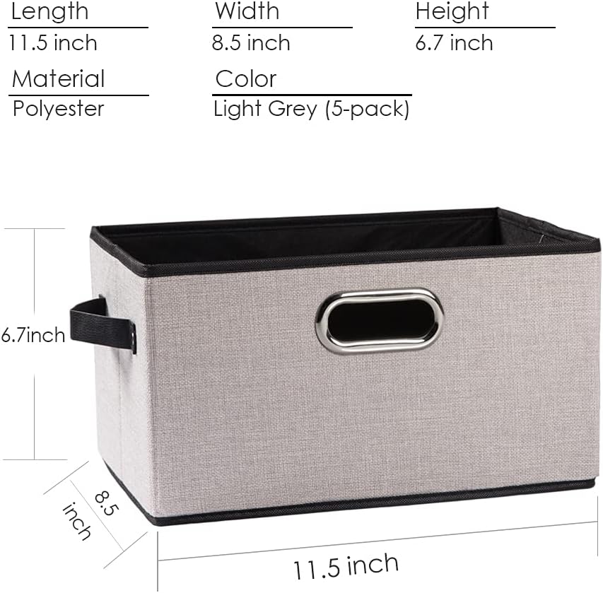 PRANDOM Fodable Storage Baskets for Closet [5-Pack] Decorative Fabric Storage Bins Cubes with Leather/Metal Handles for Shelves Bedroom Living Room Light Grey (11.5x8.5x6.7 Inch)