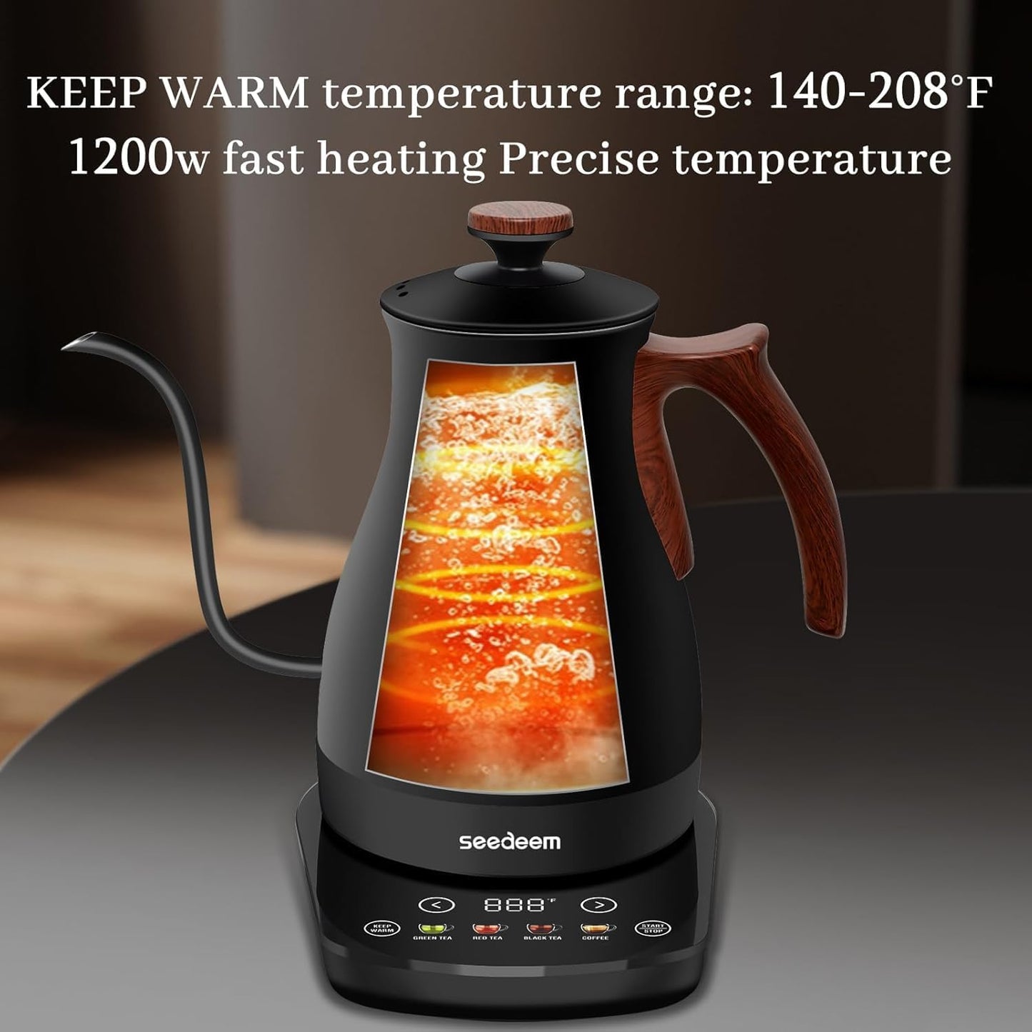 SEEDEEM Gooseneck Electric Kettle, 1L 1200W Touch Screen Pour-Over Kettle with 4 Heating Modes, ±1℉ Temp Control, Keep Warm Function, for Tea & Coffee, Black