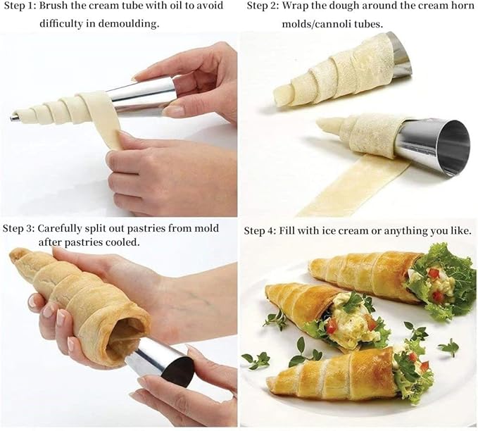 large Cream Horn Molds 5-inch, 16 PCS Cream Horns Pastry Molds with Cleaning Brush Croissant Baking Forms for Baking Croissants Bead, Chocolate Croissant, Brioche Rolls, Party Dessert