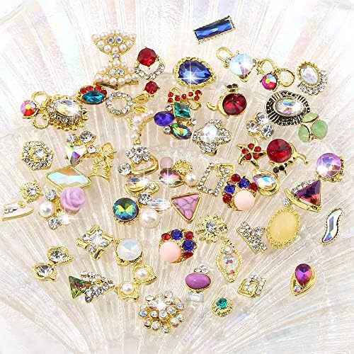 50pcs 3D Gold Nail Charms for Acrylic Nails Mix Styles Rhinestones for Nails Metal Nail Jewels for Nail Art Shiny Zircon Nail Rhinestones Alloy Nail Charm Pearl Nail Gems Cute Charms for Nails Design