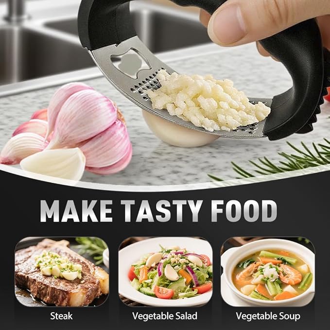Stainless Steel Garlic Press Rocker, 2025 New Garlic Mincer and Garlic Crusher, Easy-Squeeze Garlic Tool with Peeler and Cleaning Brush for Smashing Garlic (A2-2Pcs)