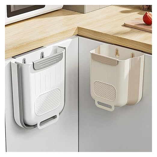 Collapsible Hanging Kitchen Trash Can Kitchen Waste Bin Hanging Countertop Trash Can Wall Mounted Recycling Garbage Basket for Bathroom(L,Gray White)