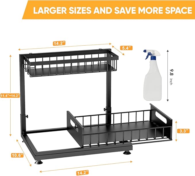 Saydear Under Sink Organizer Storage 2-Tier Premium Metal Pull-Out Kitchen Cabinet Organizer with Sliding Drawer, Height Adjustable, Heavy Duty for Kitchen & Bathroom Organizers 1 Pack Black