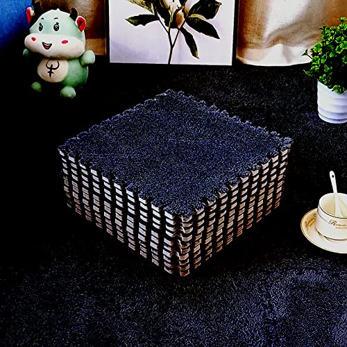 easycustomerlee 12pcs Interlocking Carpet Shaggy Soft EVA Foam Mats Fluffy Rugs Protective Floor Tiles Play Mats for Children Kids Room Home Parlor Bedroom(Black)