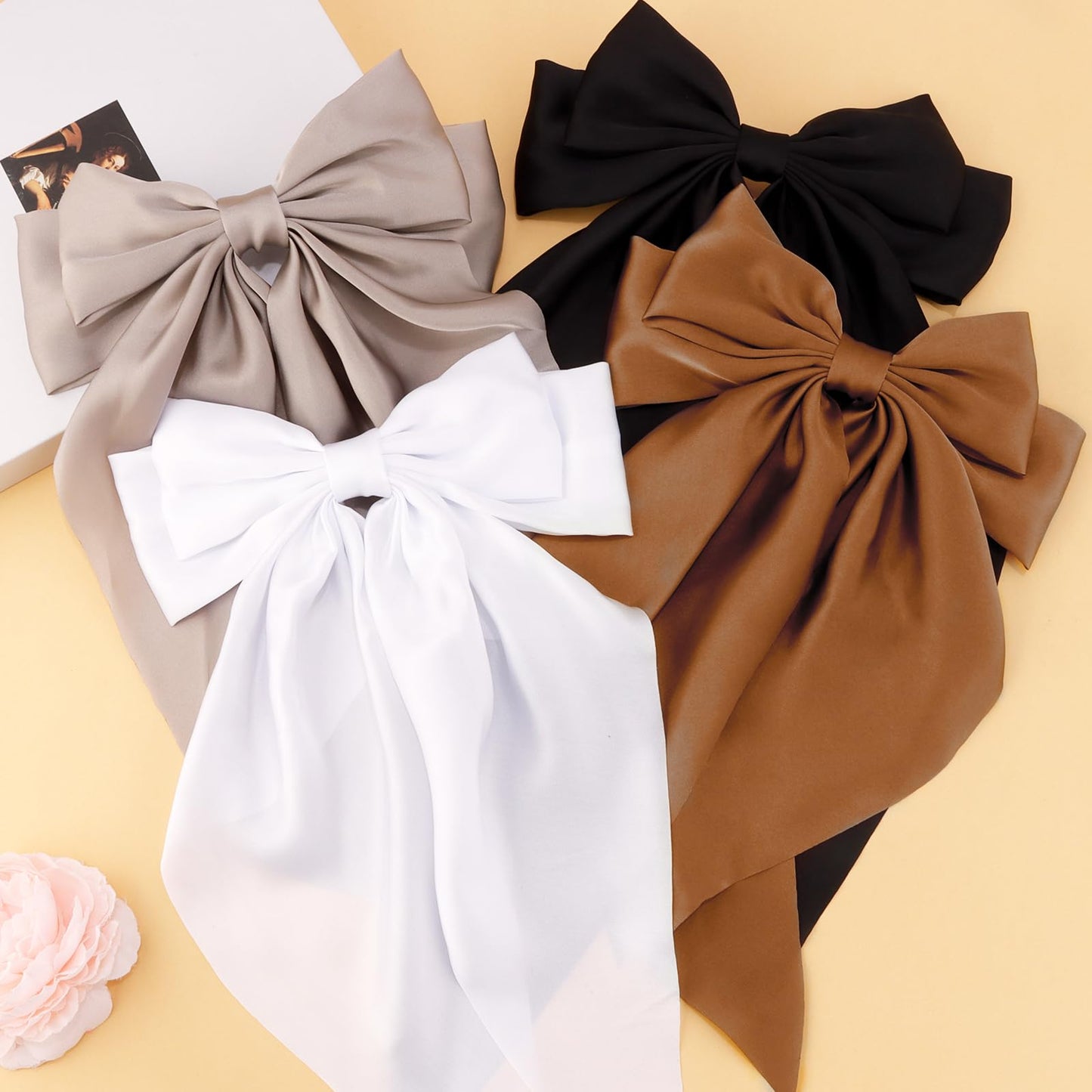 Velscrun Hair Bows for Women Girls 4Pcs White Silky Hair Bow Khaki Satin Large Coquette Bow Brown Big Hair Bows Clip Oversized Hair Ribbons Long Tail Black Bow Hair Barrettes Hair Accessories Gifts