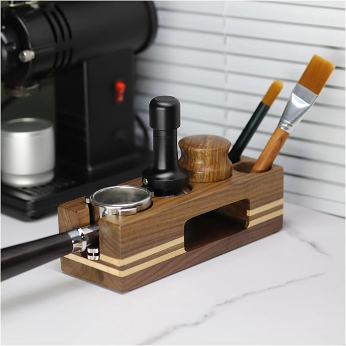Walnut Wood Coffee Filter Holder, Espresso Tamper Mat Stand, Coffee Maker Support Base Rack, Barista Accessories(Gold)
