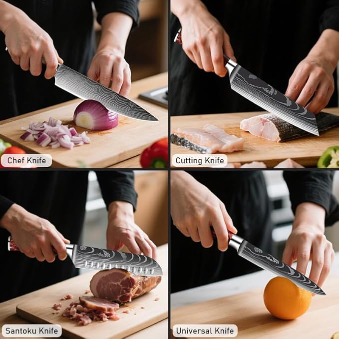 8-Piece Premium Japanese Kitchen Knife Set - Imperial Collection, Laser Damascus Pattern, 440A Stainless Steel Ultra Sharp for Fast Cutting (DMS-8A-Red)