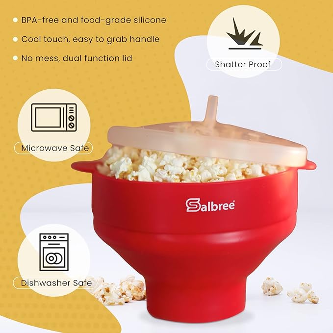 The Original Salbree Collapsible Silicone Microwave Popcorn Popper Maker Machine, Microwavable Bowl Holds 16 Cups, Uses Hot Air and Oil Always Optional - The Most Colors Available (Orange)