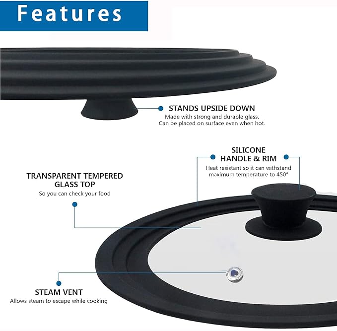 Universal Lid for Pots, Pans and Skillets - Tempered Glass with Heat Resistant Silicone Rim and Heat Resistant Handle Fits 6.5", 7" and 8" Diameter Cookware, Black