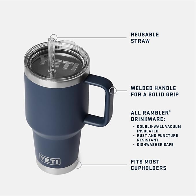 YETI Rambler 35 oz Straw Mug 2.0 - Double-Wall Vacuum Insulation for Cold Beverages – Dishwasher Safe – Cupholder Compatible – Reusable Straw – Comfortable Grip Handle – Travel Mug - Ridgeline