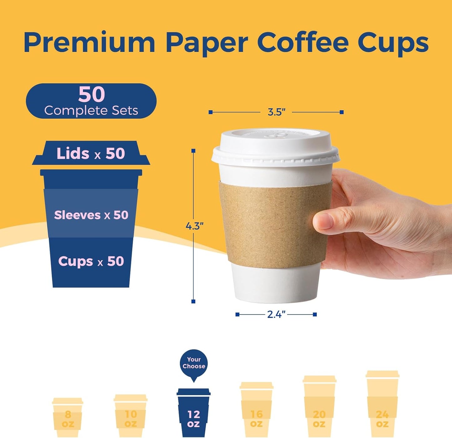 Fit Meal Prep 50 Pack 12 oz Disposable Coffee Cups with Lids, Sleeves, Leak-Proof To Go Coffee Cups with Lids, Durable Hot Paper Cups for Home, Office, Party, Business