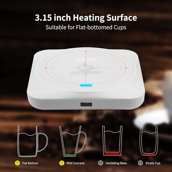 USB Coffee Mug Warmer: Candle Wax Warmer Smart Electric Cup Warmer Charge for Phone Home Desk Office Use Beverage Heating Plate with Gravity Switch for Hot Cocoa Milk Tea Water White