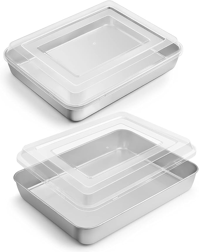 E-far Toaster Oven Baking Pan with Lid, 10.4”x 8”x 2” Stainless Steel Rectangle Sheet Cake Pans with Covers, Small Bakeware for Cakes Brownies Casseroles, Non-toxic & Dishwasher Safe -Set of 2