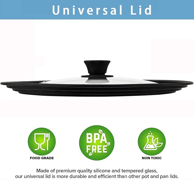 Universal Lids for Pots, Pans & Skillets - Fits 7", 8" & 9" Diameter, 10", 11" & 12" Diameter Cookware, Tempered Glass with High Heat Resistant Silicone Rim, Dishwasher Safe (2 Pack)