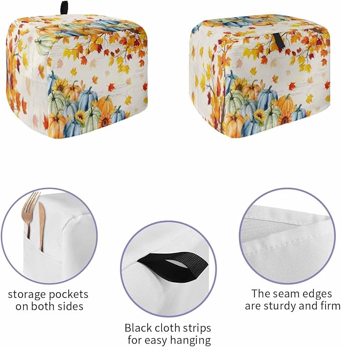 Thanksgiving Fall Toaster Cover 2 Slice, Blue Green Orange Pumpkins Dustproof Bakeware Oven Protector with Top Hook, Maple Leaf Waterproof Small Kitchen Appliance Toasters Dust Cover, 11"x6"x8"
