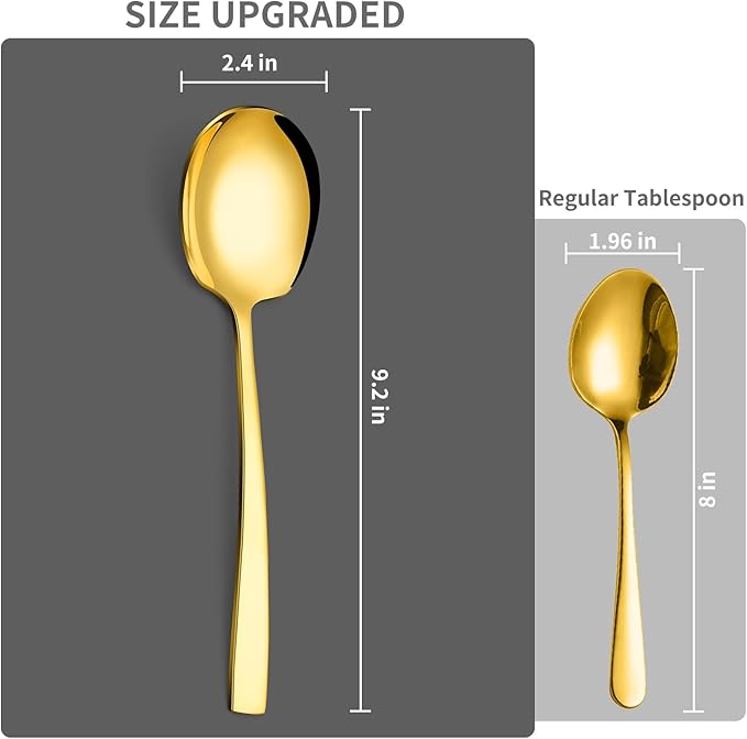 6 Piece Stainless Steel Serving Spoons Set - 6 Large Spoons, 9.2-Inch, Dishwasher Safe, for Parties/Kitchen/Buffet/Catering,Gold