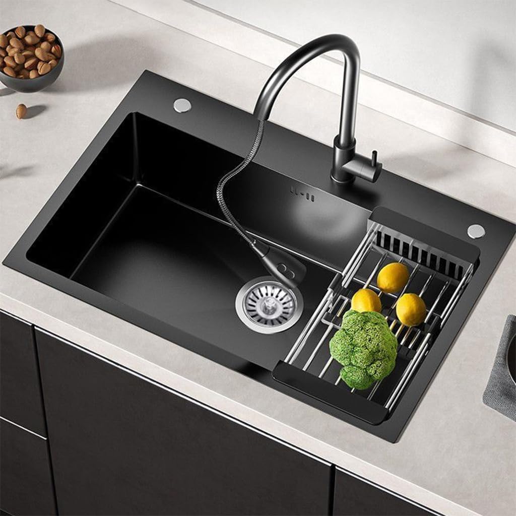 Black Drop in Kitchen Sink, Stainless Steel Single Bowl Sink with 3 Holes, Topmount Workstation Sink, Farmhouse Rectangle Basin with Multiple Accessories (19.7 * 17.7 * 7.9in)