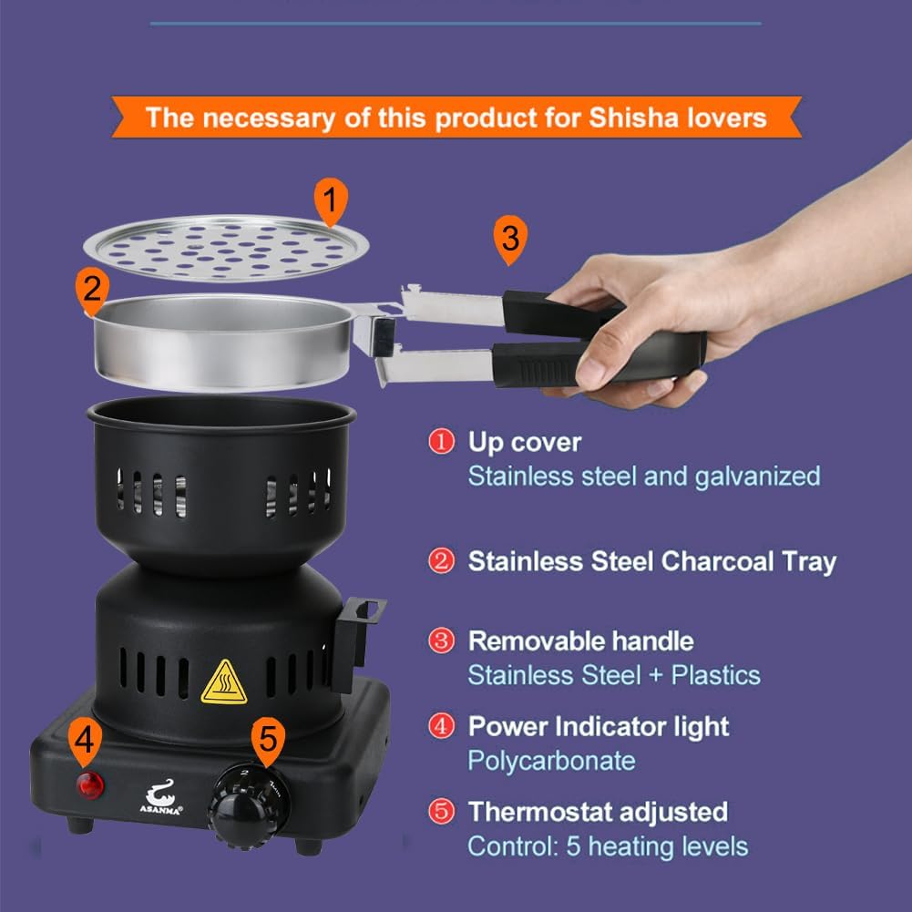 Multipurpose Charcoal Starter - Coal Burner Hot Plate Electric Stove Coconut Starter with Stainless Detachable Tongs, 4.9Ft Longer Cords, 600W Faster Heating for BBQ Kitchen etc.