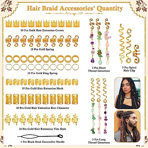 80 Pcs Natural Crystal Stone Dreadlock Accessories, Jollidecor Hair Jewelry for Braids Hair Spirals Gems Charms Adjust Gold Loc Jewelry for Hair Cuffs for Adult Women Braids Hairstyle Decoration