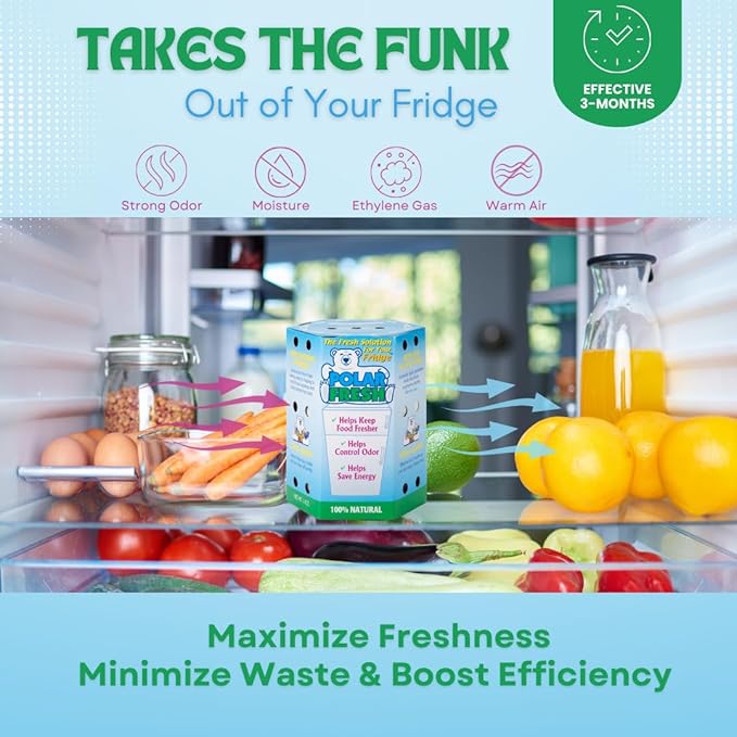 All-in-1 Refrigerator Deodorizer & Produce Saver by Polar Fresh 3 Pack – Fridge Odor Eliminator, Ethylene Gas Absorber, Fridge Moisture Absorber & Efficiency Booster; Surpasses Baking Soda & Charcoal